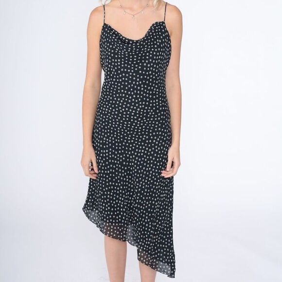 vintage kathie lee 90s Midi Dress Black White Ring Dot Print Cowl Neck Sleeveles